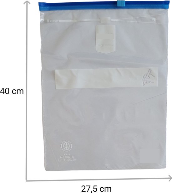 Een wit vershoudzakje van 40x27.5cm met blauwe ritssluiting en afmetingen aangegeven.