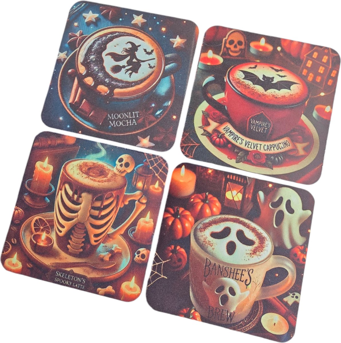 Onderzetters Halloween [Set van 4 stuks] - [Koffie] - [coasters] - [Spookje] - [Heks] - [Halloween decoratie]