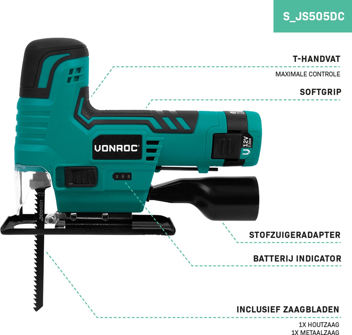 VONROC Accu Decoupeerzaag 12V - Incl. Accu, usb-c kabel en zaagbladen – foto 6