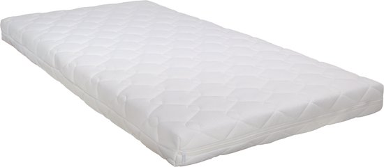 Witte ledikantmatras met ruitpatroon en ritssluiting aan de zijkant.