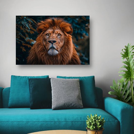 Leeuw wanddecoratie - Dieren schilderijen - Canvas schilderij Bladeren - Muurdecoratie industrieel - Canvas schilderij woonkamer - Kantoor accessoires canvas 120x80 cm