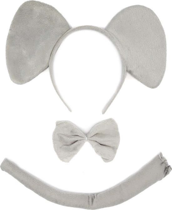 KIMU® Olifant Haarband Oren, Strik & Staart Diadeem Set - Grijs Zacht Olifantenpak Dierenpak Oortjes Pak - Strikje Staartje Kinderfeestje Festival