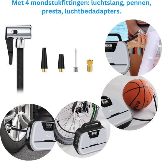 Draagbare Luchtcompressor – Elektrische Bandenpomp – Fietspomp – Mini Compressor – Lichtgewicht – LED Display – Grijs — afbeelding 3
