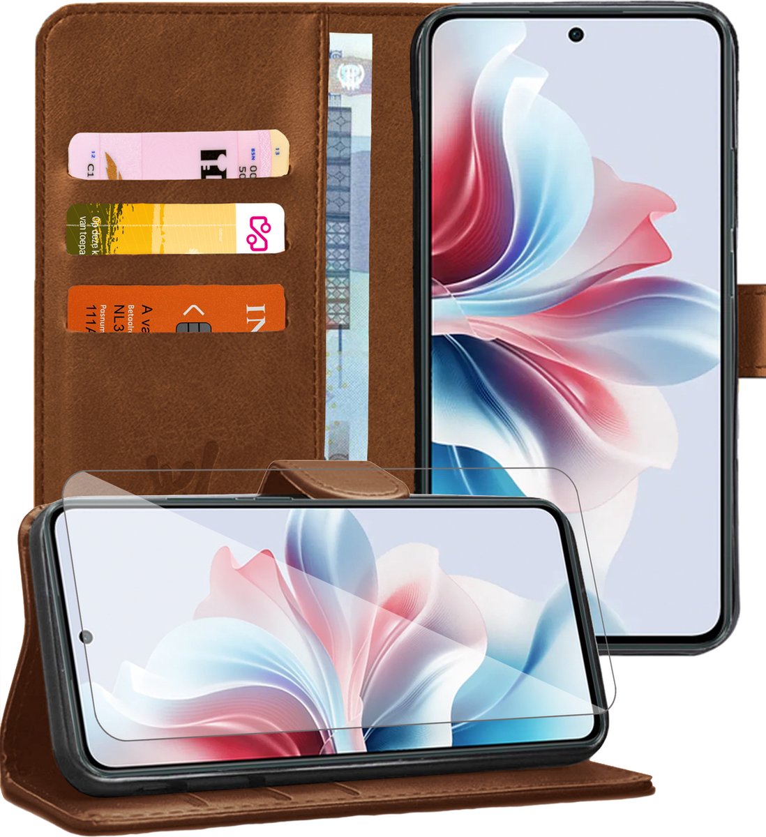 Hoesje geschikt voor Oppo Reno 11F - Screenprotector Glas - Portemonnee Book Case Bruin