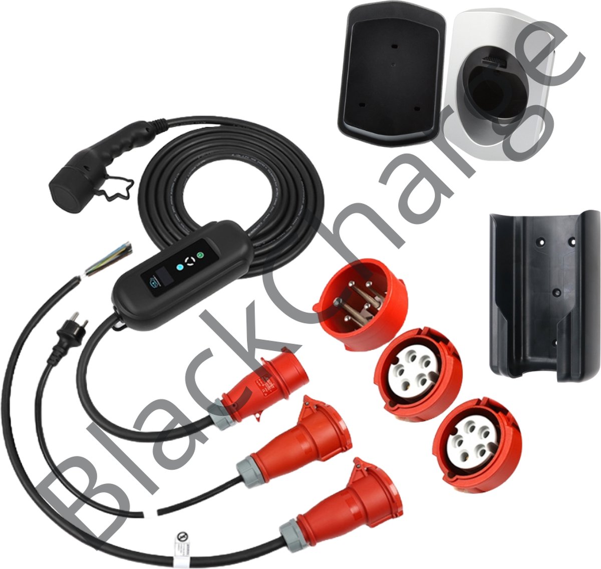 BlackCharge® 3.0 Voordeelbundel (15M) mobiele lader 11kW incl. timer - Type 2 naar CEE Krachtstroom Stekker - 16A 3 Fase incl. verloopstekkers + muurbeugel (zilver) en wandhouder