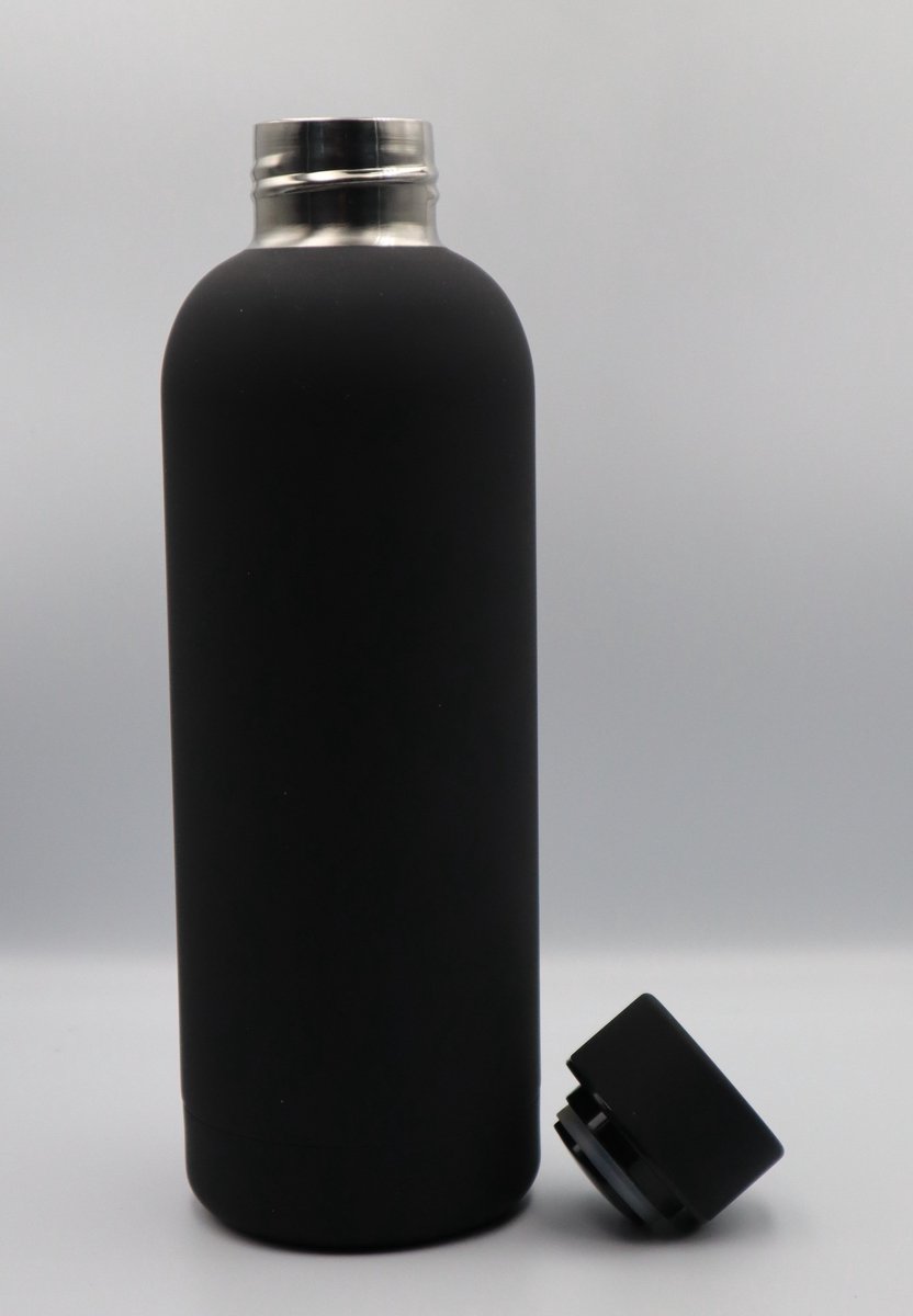 Zwarte drinkfles - waterfles - rubbercoating - isolerend - thermos