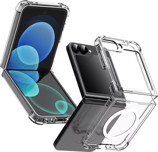 Transparant hoesje voor Samsung Galaxy Z Flip, opengeklapt en gesloten, met MagSafe cirkel zichtbaar.