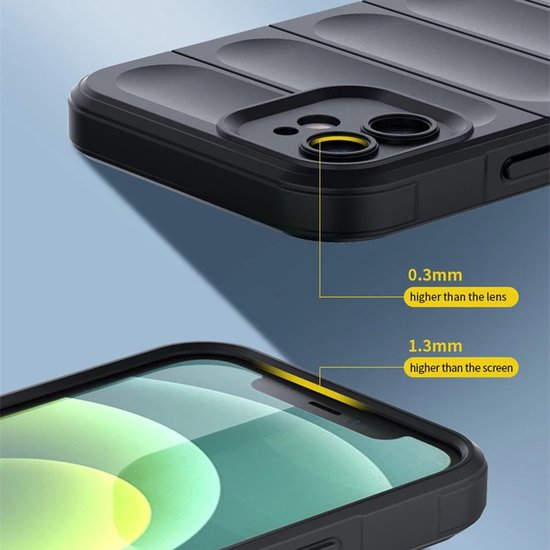 Zwarte telefoonhoes met verhoogde randen om de camera (0,3 mm) en het scherm (1,3 mm).