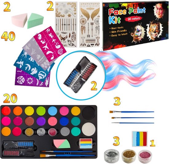 Foto: Schminkset kinderen 20 kleuren 3 penselen 4 sjablonen 2 haarkrijten 3 glitters 2 spons 1 rainbow paint 2 tattoostickers veiligheidscertificering make up kinderen grime schmink palet kinderschmink grimeren