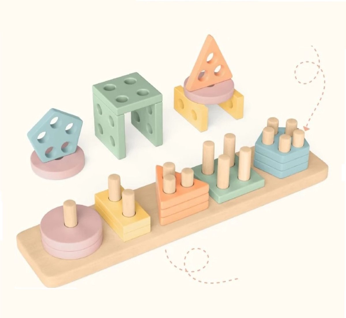 WoodyDoody Montessori Vormen Sorteerspel Sensorisch Speelgoed Vormenstoof - Houten Speelgoed - Montessori Speelgoed voor Motoriek - Educatief Spel van Hout - STEM Speelgoed Vormenstoof met Pastelkleuren - Geometrische Blokken — afbeelding 5