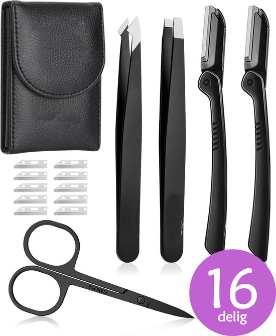 Pincet Epileer Set Deluxe - 16 Delige Set - Incl. 10x Los Mesje - Wenkbrauw Mesje - Ontharen - Pincet - Wenkbrauw schaar