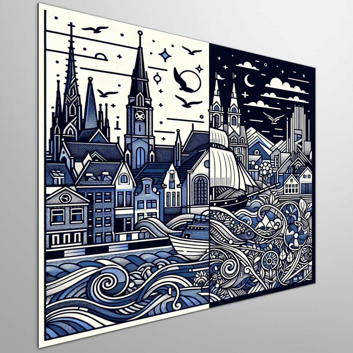 Line art groningen schilderij | Cityscape Symphony: Geometrische lijnen dansen door de straten van Groningen | Kunst - 60x60 centimeter op Dibond | Foto op Dibond