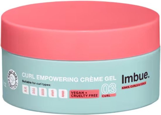Imbue Curl Empowering Crème Gel 03, in lichtblauwe pot met roze deksel. Vegan + cruelty free.