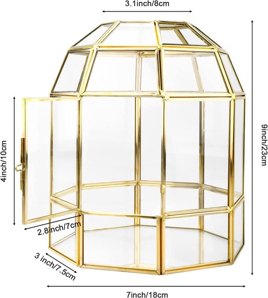 NCYP Zwart klein glazen terrarium met deksel voor vetplanten - 15,5 x 11 x 16 cm, tuin tafelblad decoratie plantenbak, handgemaakt geometrisch middelpunt (geen planten