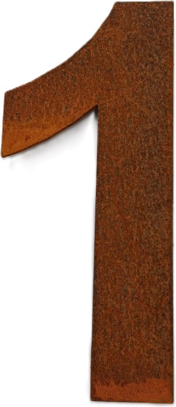 Roestbruin huisnummer '1', 200 mm hoog, met verweerd metaaloppervlak.
