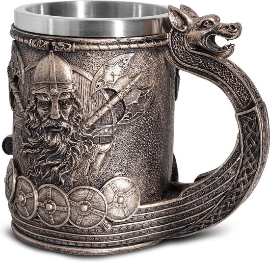 Viking Warrior Tasse à Bières Stein Doublure en acier inoxydable – Norse Draon Drakkar Tasse à boisson nordique Tankard pour cadeau de collection 550 ml