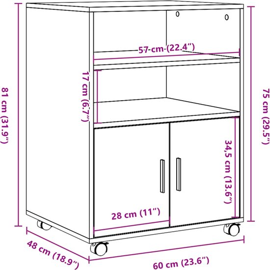 VidaXL Rolkast 60x48x81 cm bewerkt hout wit - Kantoormeubelen