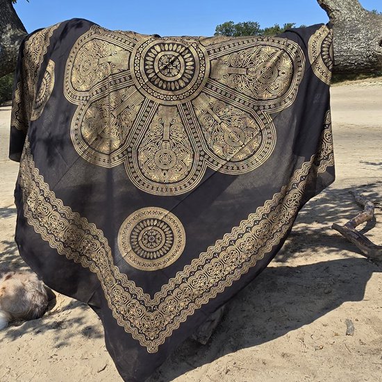 Groot strandlaken - Zwart/Goud - Ibiza style strandkleed - Mandala - 210x220 - stranddoek - Duurzaam katoen