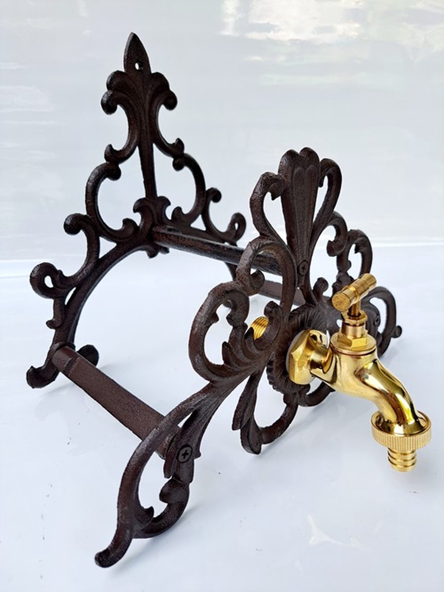 Gietijzeren tuinslang houder CI105BR1500 - met messing kraan - compleet - gietijzer - tuin slang houder