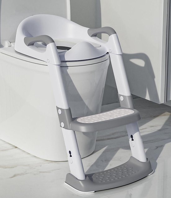 Réducteur + Rehausseur De Toilette Enfant Avec Marche - Pliable, Antidérapant, Siège PVC, Gris