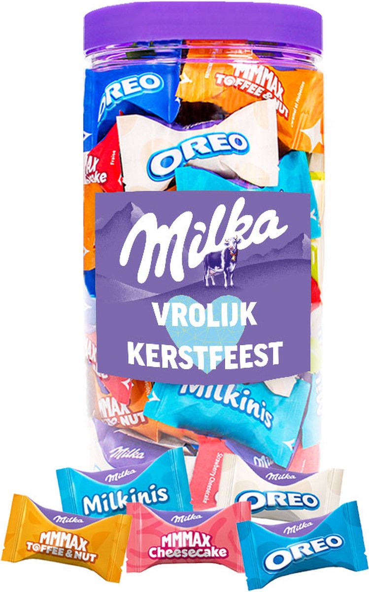 Milka Favourites chocolademix voor Kerst "Vrolijk Kerstfeest" - Toffee & Nut, Oreo, Cheesecake & Milkini - 5 smaken - chocolade kerstcadeau - 500g