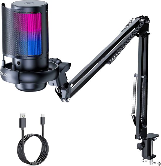 RGB Microfoon met Arm - Gaming - Cardioide Patroon - Microfoon voor PC - Condensator - USB - Met Standaard - Ruisfilter - Laptop - Streaming