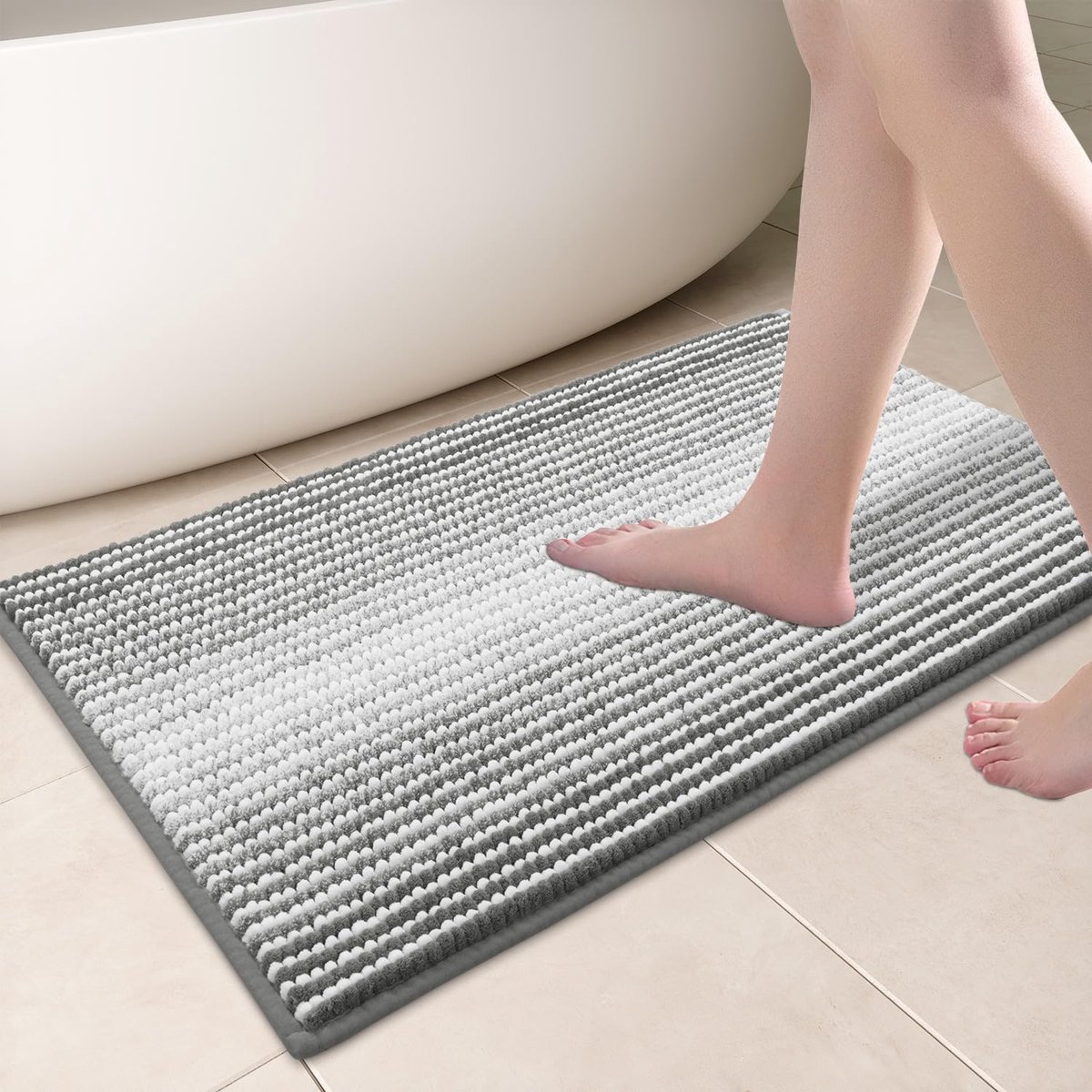 Badjemat Chenille, 45 x 65 cm Badmat Antislip Wasbaar Zacht Tapijt voor Badkamer Machinewasbaar (Grijs)