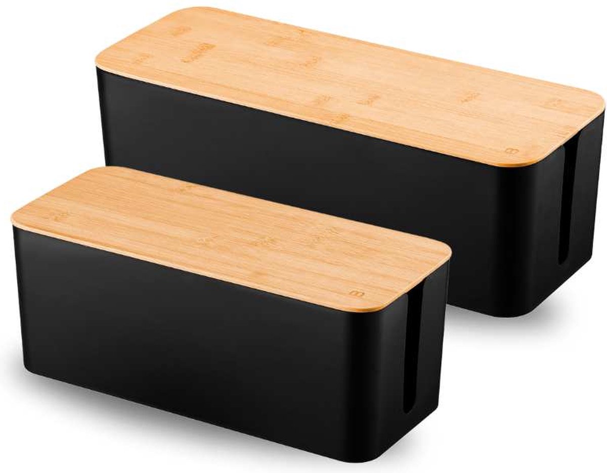 DBREAKS Houten wandopbergdoos zwart met magnetisch deksel en kabelbinders, bamboe kabelbeheerdoos, 2 stuks