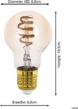 Een doorzichtige, E27 fitting lamp met een gouden schroefdraad en een spiraalvormige LED filament. Diameter 6,0cm, hoogte 10,5cm.