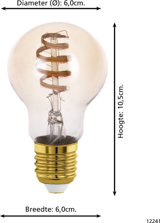 Een doorzichtige, E27 fitting lamp met een gouden schroefdraad en een spiraalvormige LED filament. Diameter 6,0cm, hoogte 10,5cm.