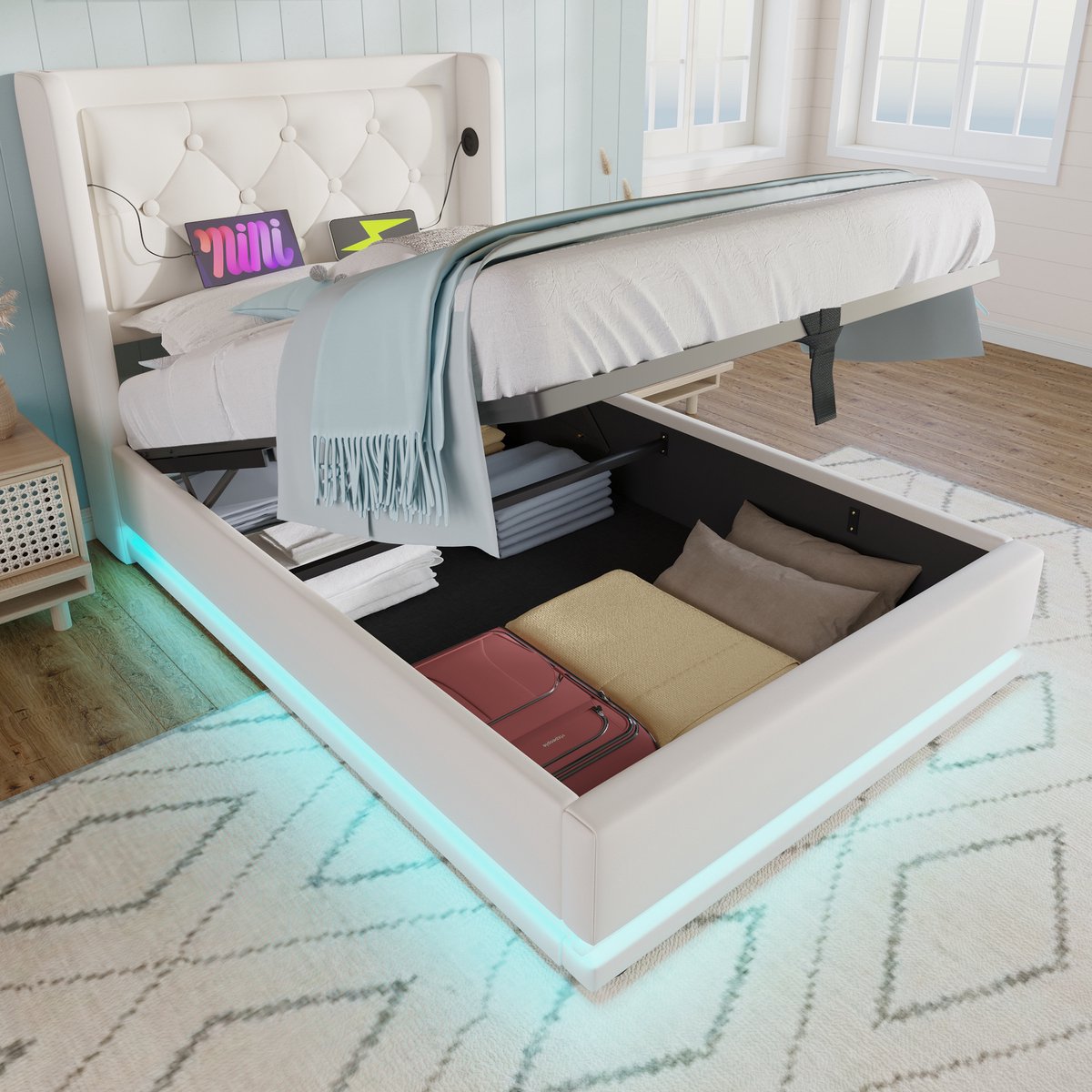 Sweiko Zacht Kussenbed Eenpersoonsbed 90x200 cm, Wit PU Materiaal Hydraulisch Opbergbed, Zacht kussenhoofd met USB Type-C oplaadfunctie, 3-zijdige LED Functie (Geen matras)
