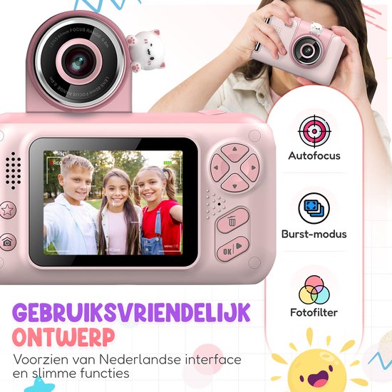 Roze kindercamera met kinderen op scherm, met icoontjes voor autofocus, burstmodus en fotofilters. Tekst: "Gebruiksvriendelijk Ontwerp".