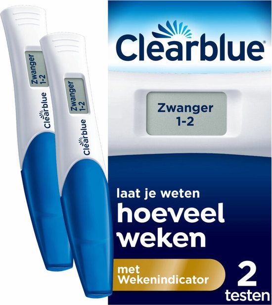Twee Clearblue zwangerschapstesten met wekenindicator, beide tonen "Zwanger 1-2".