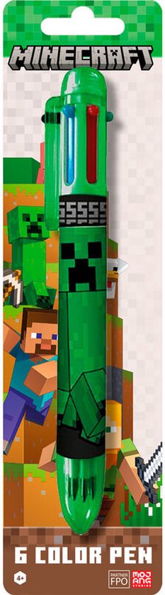 Stylo vert Minecraft 6 couleurs avec image de Creeper, emballé dans une carte.