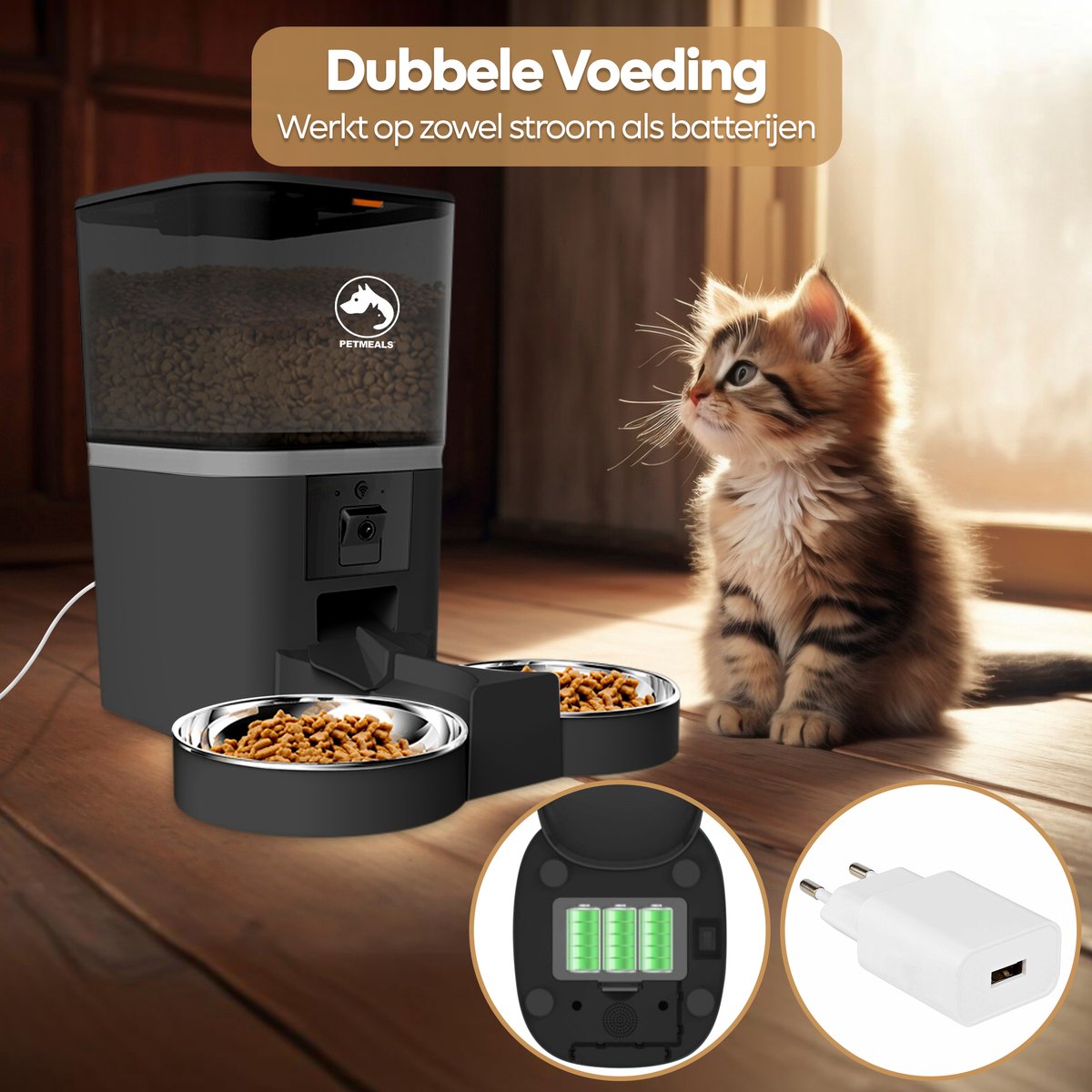 Afbeelding 3 van PetMeals® Automatische Voerbak Kat en Hond - Twee Voerbakken - met App en Camera - 6 L - Zwart
