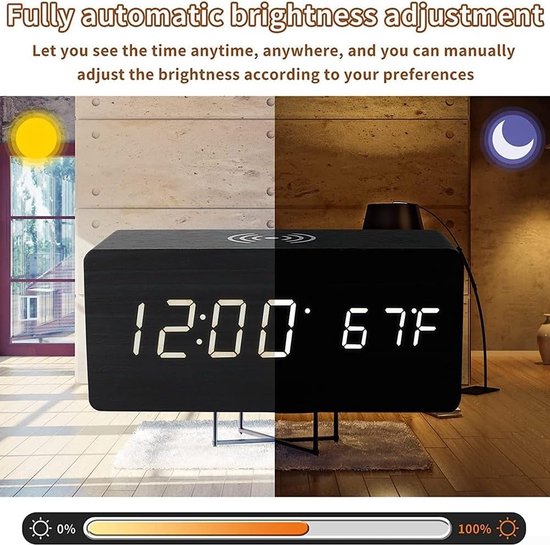 Houten Digitale Wekker met Draadloos Opladen, 3 Niveaus Dimmer Houten LED Digitale Klok, Houten LED-klok voor Slaapkamer, Nachtkastje, Bureau Houten Digitale Wekker met Draadloos Opladen, 3 Niveaus Dimmer Houten LED Digitale Klok, Houten LED-klok voor Slaapkamer, Nachtkastje, Bureau