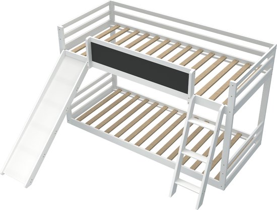Soweiz Kinderbed met raam en dak, stapelbed met trap en glijbaan, huisbed, trap met opbergruimte, frame van grenenhout en MDF, met valbeschermingsrooster en lade, wit, 90 x 200 cm x 2