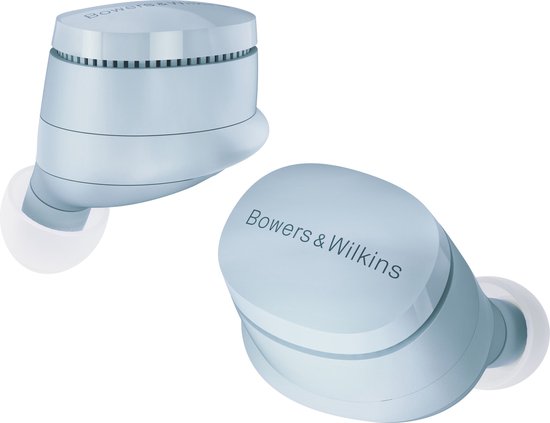 Twee lichtblauwe Bowers & Wilkins oordopjes zweven, met logo.