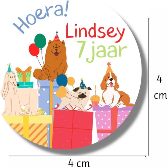 Vier de 7e verjaardag van Lindsey met deze ronde stickers (4cm) met feestelijke honden, cadeaus en ballonnen.