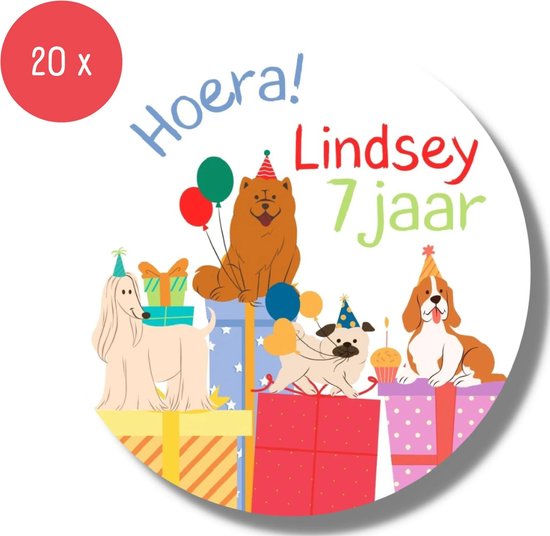 Set van 20 ronde hondenverjaardagsstickers voor Lindsey die 7 jaar wordt, met cadeaus en ballonnen.