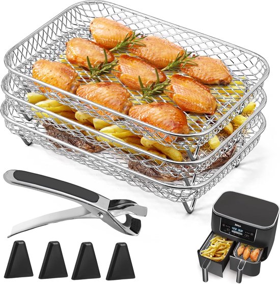 Airfryer Rek, Geschikt voor Ninja Dual Airfryer, 3 stuks gelaagde dehydrator rekken, RVS grillrek Rechthoekige, Airfryer-mandlade, met clip en verhoogde voetjes, Geschikt voor dubbele mand Airfryers