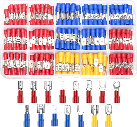 Foto: Assortiment kabelschoenen 280 stuks professioneel kabelschoen kleur blauw rood en geel kabelschoen kabelschoenset platte steekhulzen knijpverbinding met isolatiehulzen kabelconnectoren voor elektriciens