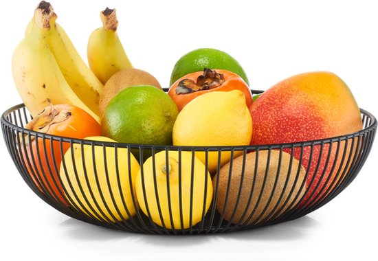 Foto: 1x zwarte ronde fruitschalen metaal 28 cm zeller keukenaccessoires benodigdheden fruitschalen fruitmanden fruitschalen van metaal