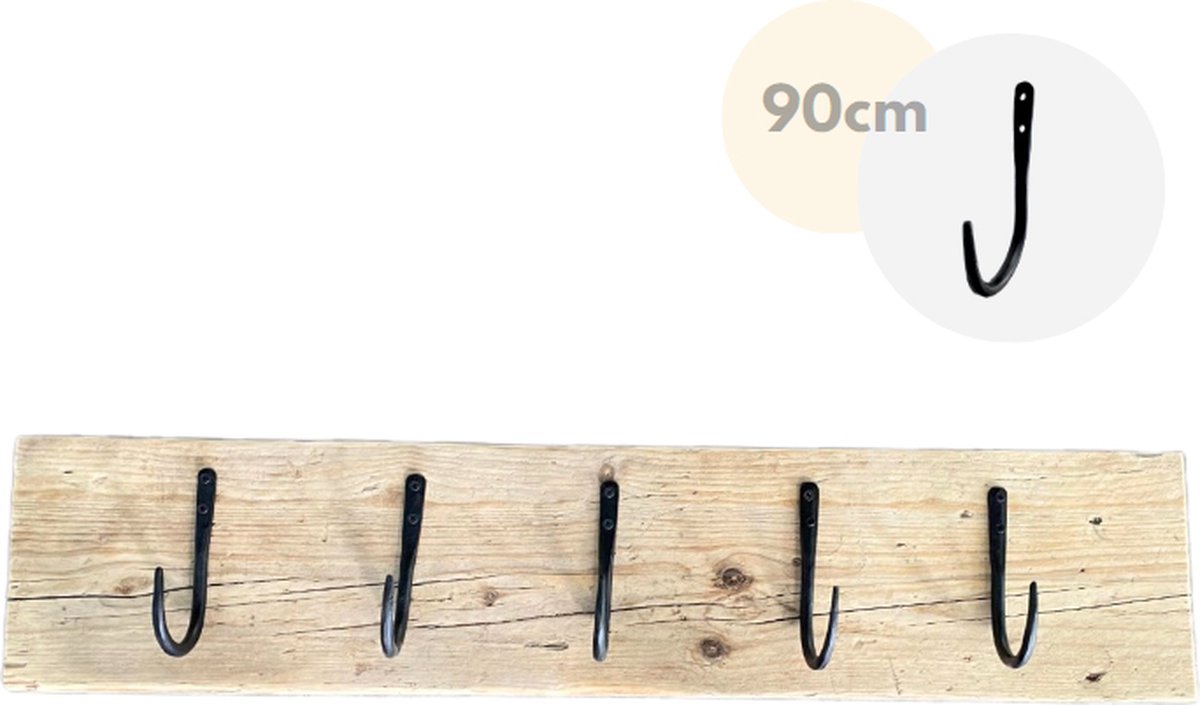Wandkapstok - Kapstok - 5 haken - Wandplank - Kapstok haak stoer zwart gietijzer - Steigerhout - 90 cm