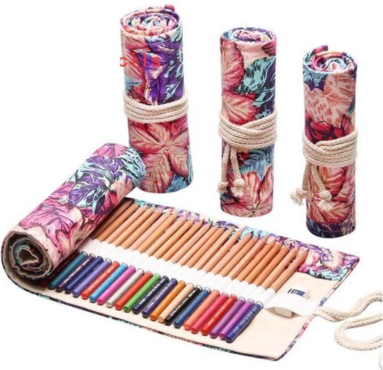 Roletui - Oprolbare Etui - Schooletui - Etui voor potloden, pennen, stiften, kwasten, make up - Canvas - Bloemenprint - 23x12cm - 12 gaten