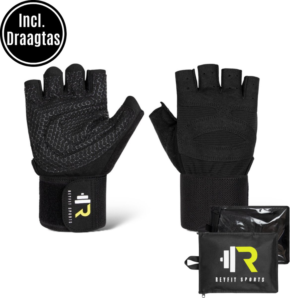 ReyFit Sports Fitness Handschoenen Heren & Dames - Fitness Gloves - CrossFit & Powerlifting - Fitness Accessoires - Krachttraining Artikelen - Inclusief Draagtas - Zwart- XL