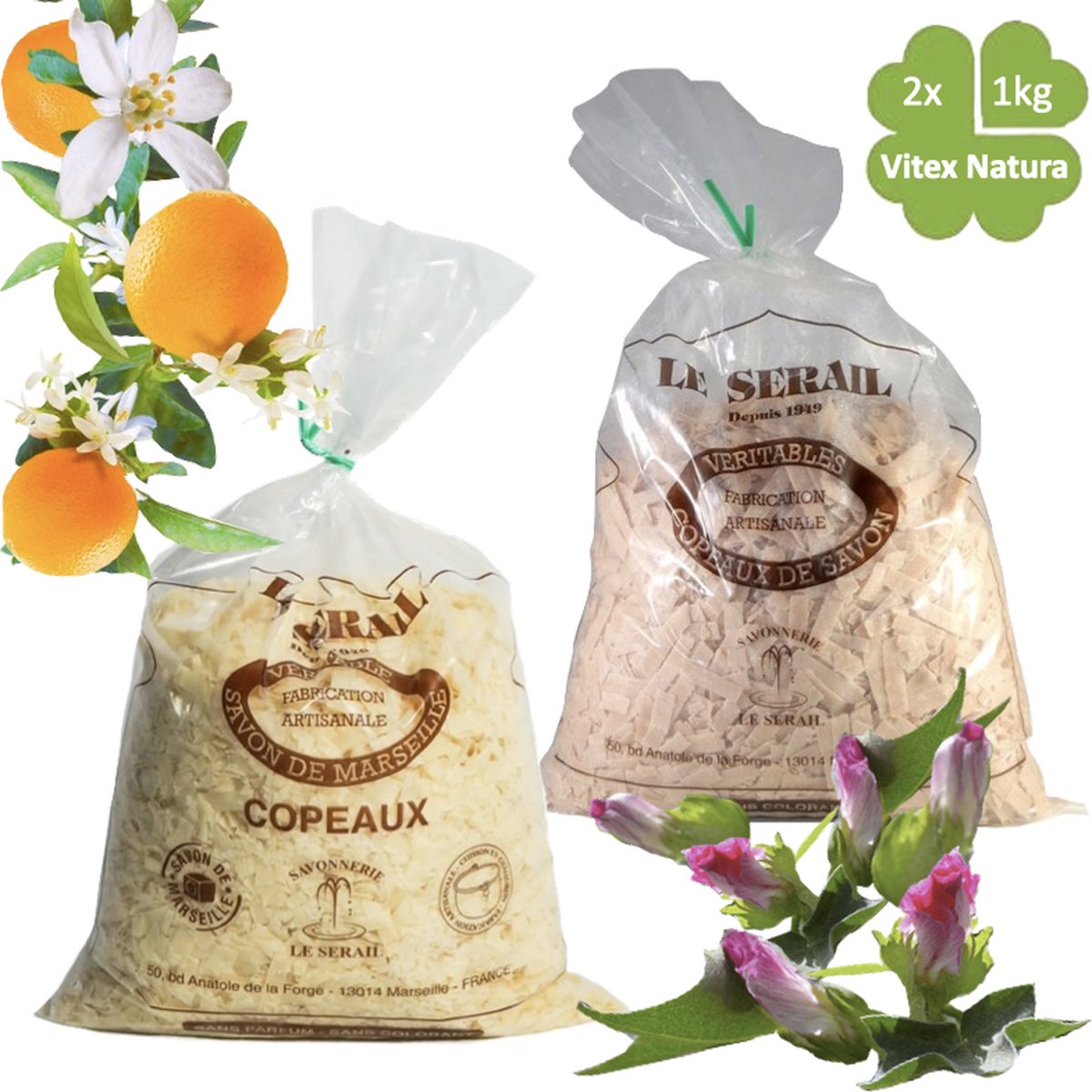 Goedkoopste Echte Marseille zeepvlokken 2x1kg | Sinaasappel bloesem - Katoen bloesem | Multifunctioneel | Franse ambacht | plantaardig, biologisch, hypoallergeen.