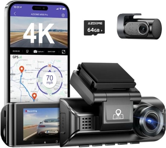 AZDome M550 Pro 2CH 2025 versie - 4K Wifi GPS dashcam voor auto - 4K + FullHD resolutie - Parkeerbeveiliging - 64gb MicroSD - 3,0 inch LCD scherm - 170 + 140 graden kijkhoek - Nachtzicht