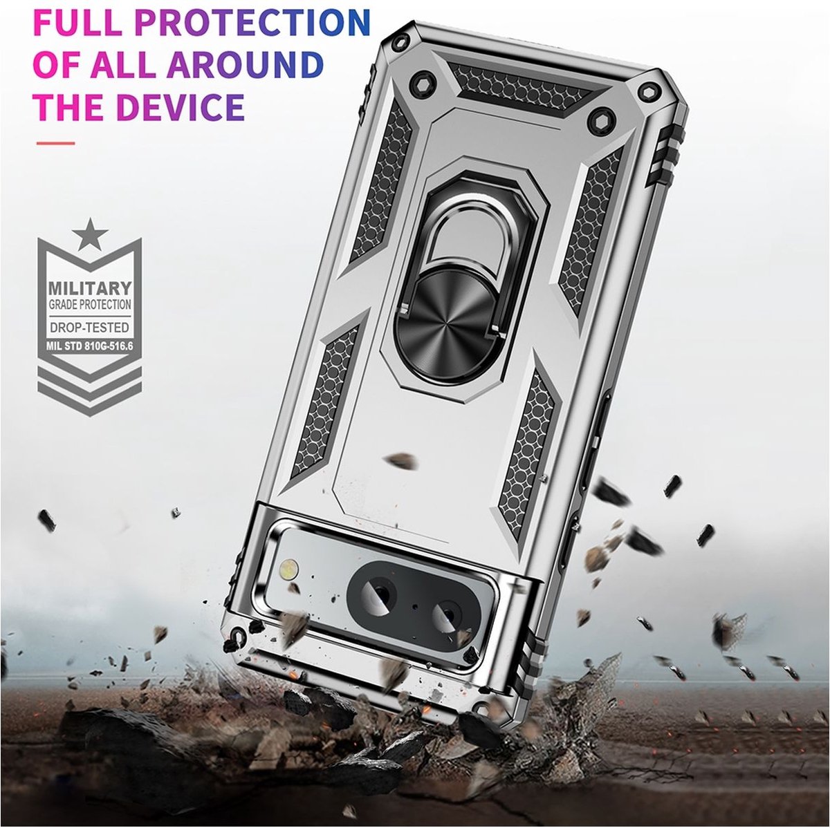 Mobigear Hoesje geschikt voor Google Pixel 8a Telefoonhoesje Hardcase | Mobigear Armor Ring Backcover Shockproof met Ringhouder | Schokbestendig Pixel 8a Telefoonhoesje | Anti Shock Proof - Zilver