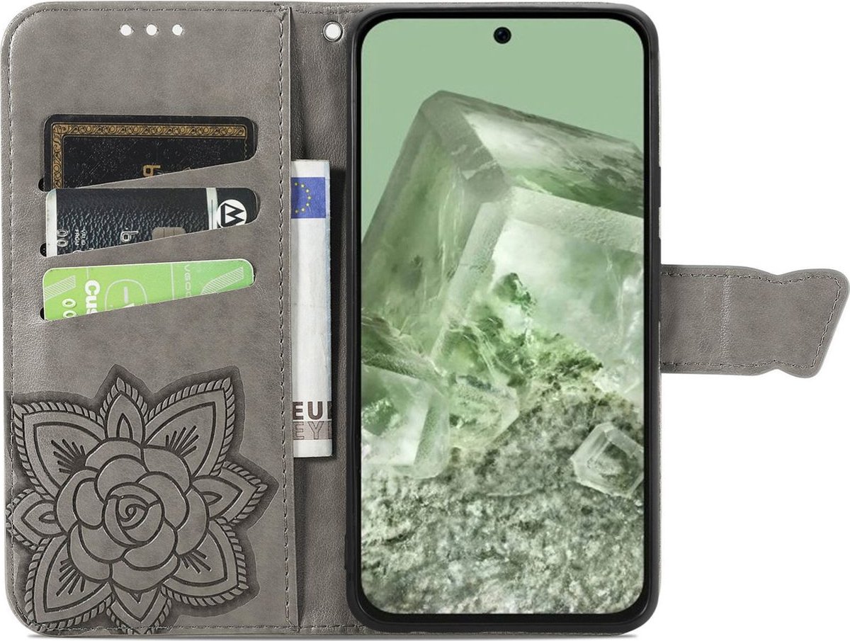 Mobigear Telefoonhoesje geschikt voor Google Pixel 8a Hoesje | Mobigear Butterfly Bookcase Portemonnee | Pasjeshouder voor 3 Pasjes | Telefoonhoesje voor Pinpas / OV Kaart / Rijbewijs - Grijs
